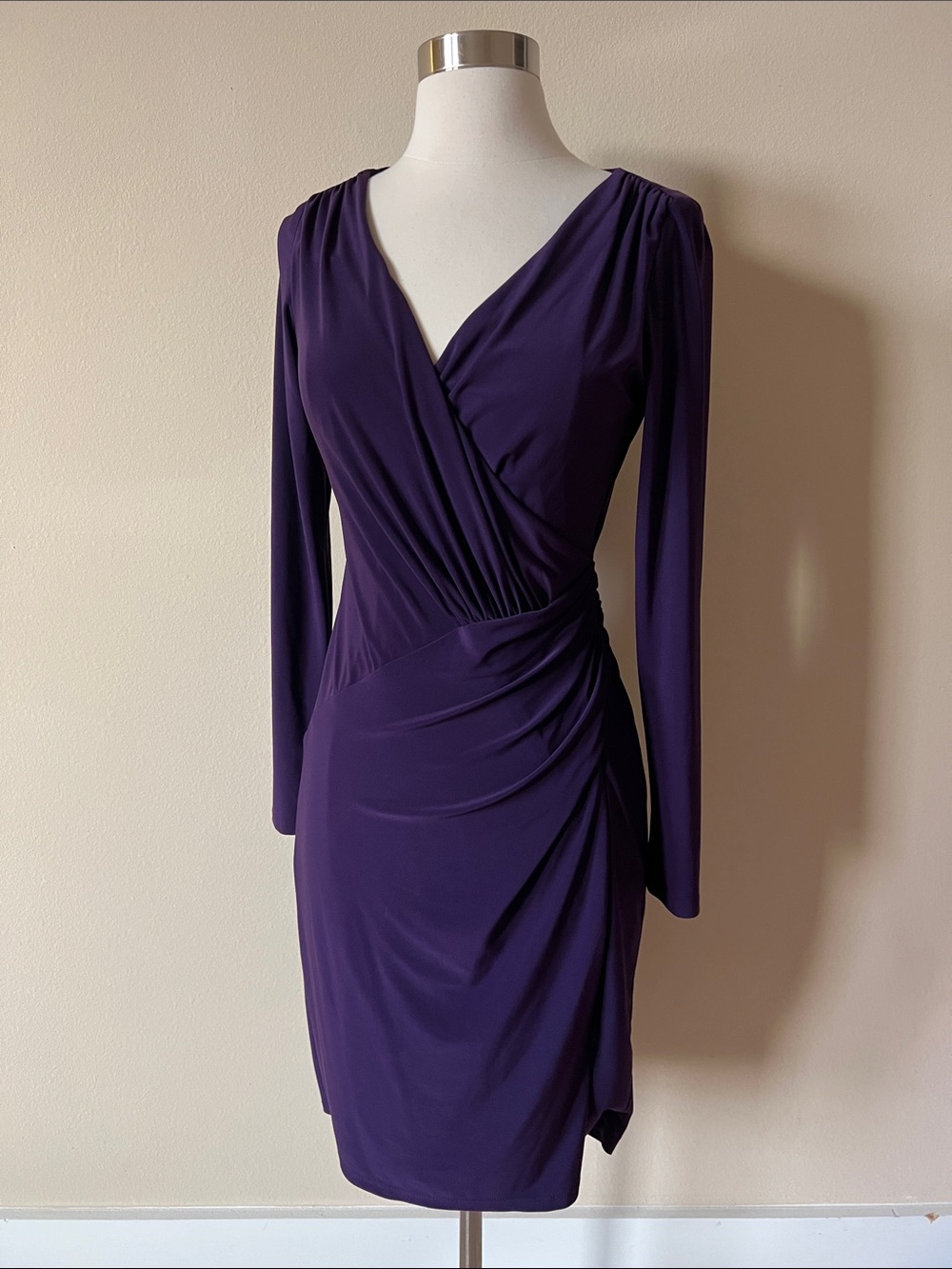Lauren Ralph Lauren Deep Purple Long-Sleeve Faux-Wrap Dress